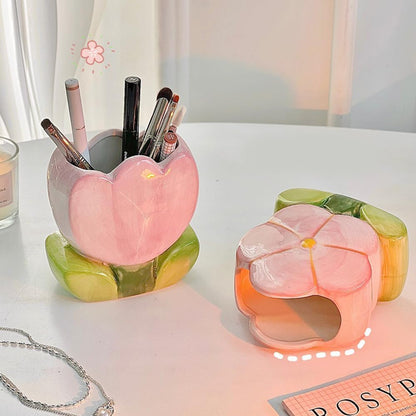 Ceramic Pen Holder for Office Desk, Pink Makeup Brush Holder, Cute Pencil Holder Tulips Home Decor Birthday Gifts for Women Vanity Toothbrush Holder Kawaii Kitchen Utensil Holder