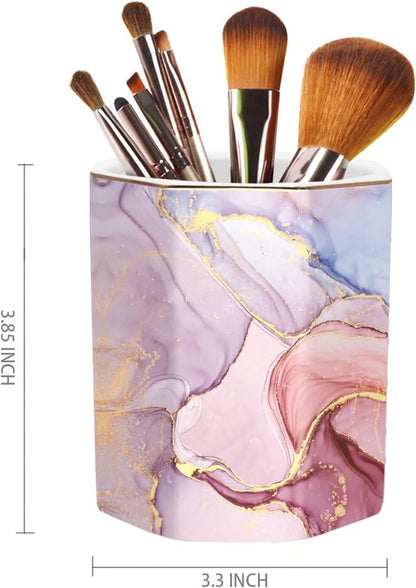 WAVEYU Ceramic Pen Holder for Desk Cute, Pencil Cup Pot Desk Organizer, Makeup Brush Holder for Women, Men, Kids, Desk Marble Decor for Office, Classroom, Home, Gray Golden