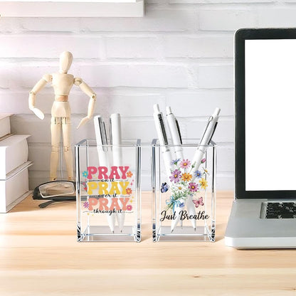 Just Breathe Acrylic Cosmetic Pencil Pen Holder Cup, Hope Inspirational Makeup Brush Organizer Holder, Women Faith Gifts, Encouragement Gifts for Women Mom Daughter Sister Friend Yoga Teacher