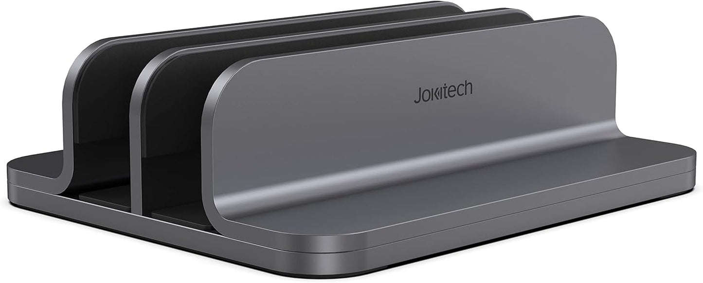 JOKItech Dual Aluminum Vertical Laptop Stand Organizer, Sturdy Notebook Computer Holder Stand Compatible with New Liquid Retina XDR Apple MacBook Air/Pro/Neo, Mac mini & iPad Pro - Black