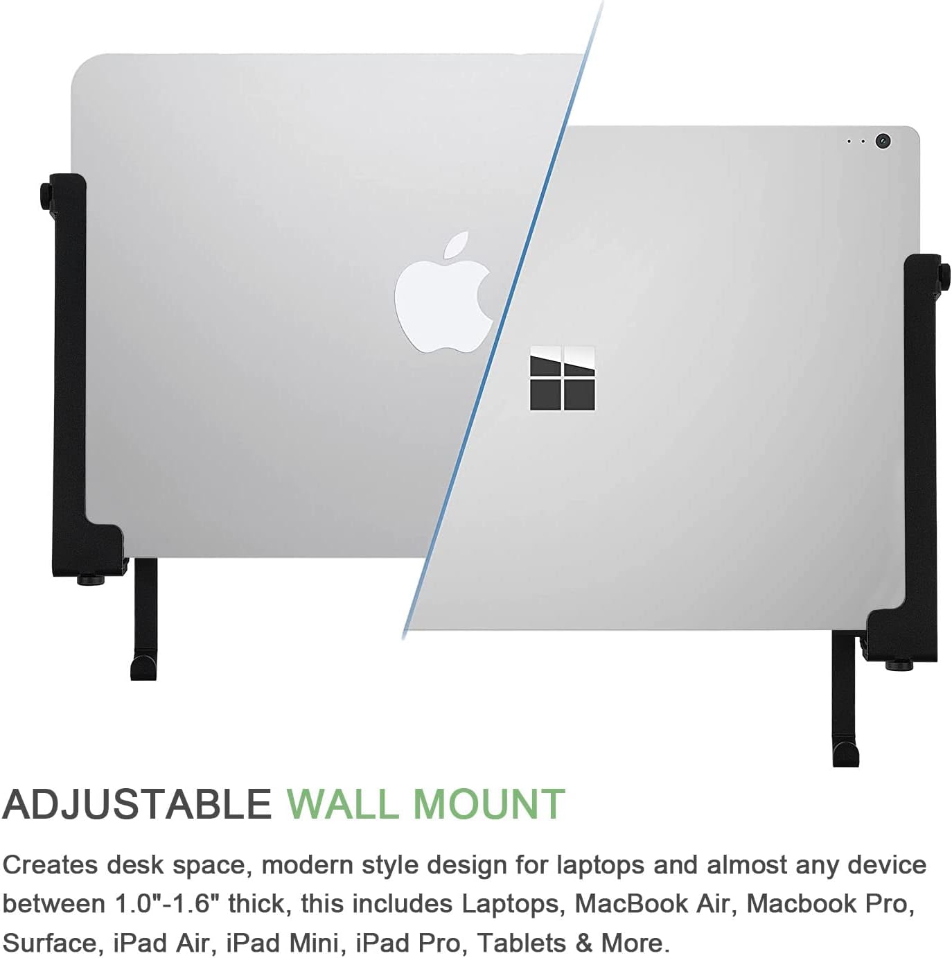 IFCASE Aluminum Wall Laptop Mount Holder for MacBook Air, Pro, Surface, iPad, Tablets, Cell Phones with Headphone Hook, Anti-Scratch Pads, Adhesive & Screws (Black)