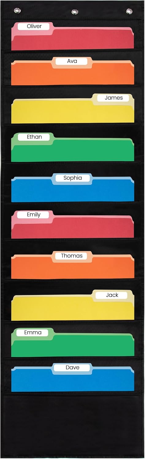Essex Wares - 7 Pocket File Pocket Chart, Black, Tall - Versatile Wall Hanging File Folder Organizer for Classroom, Office, Home, and More - Wall Folder Organizer - 7 Pockets