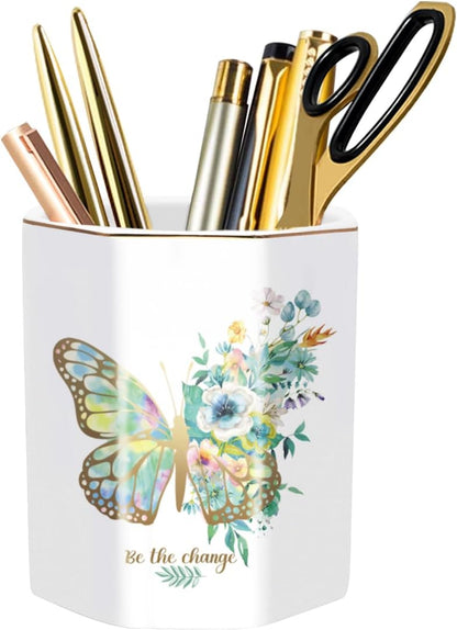 WAVEYU Ceramic Pen Holder for Desk Cute, Pencil Cup Pot Desk Organizer, Makeup Brush Holder for Women, Men, Kids, Desk Marble Decor for Office, Classroom, Home, Gray Golden