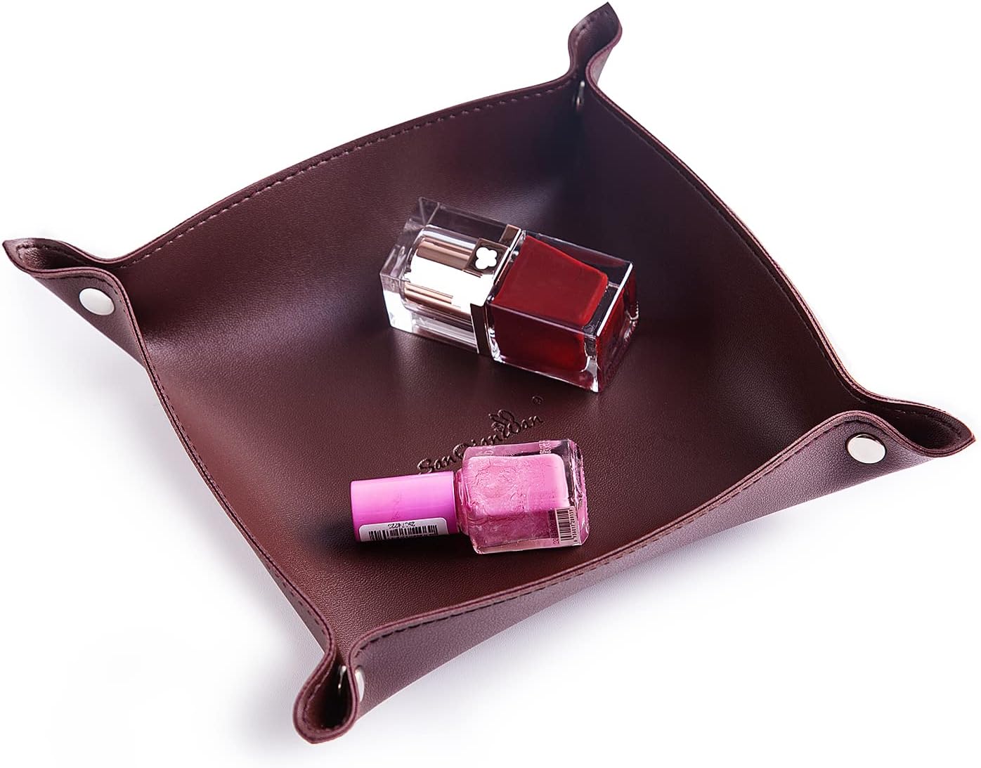 SANQIANWAN Leather Jewelry Valet Tray for Women and Man, Entryway Table Bedside Nightstand Desk Portable Small Catchall Travel Dish Plate for Key,Wallet,Watch,Phone,Coin(Pink-B)