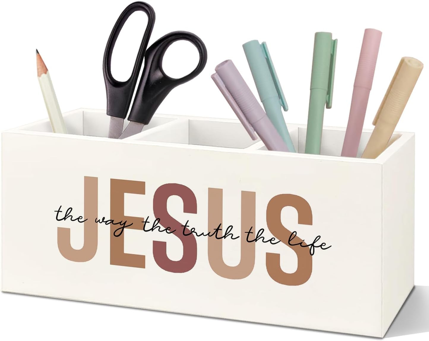 SNNDER Christian Pen Holder for Desk, Religious Christian Gifts for Women, Floral Boho Christian Bible Verses Wooden Pen Pencil Holder Organizer for Home Office Desk Accessories