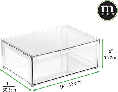 mDesign Plastic Stackable Closet Storage Organizer Bin Containers with Front Pull Drawer for Cabinet, Desk, Shelf, Cupboard, or Dresser Organization - Lumiere Collection - Clear