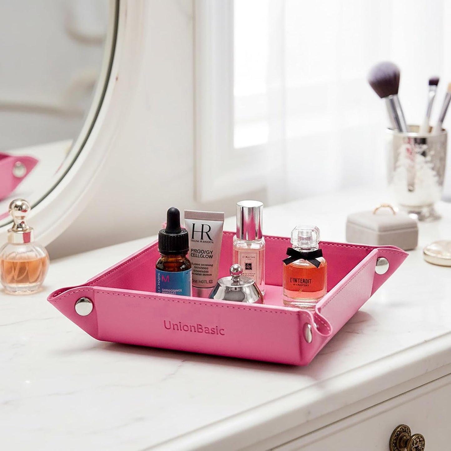 UnionBasic Medium Valet Tray, Jewelry Tray for Rings Watches Earrings, Entryway Catchall Caddy for Coins Keys Change, Nightstand Bedside Valet Holder, Trays for Electronic Gadgets, Candy Pink Plus - Colors B