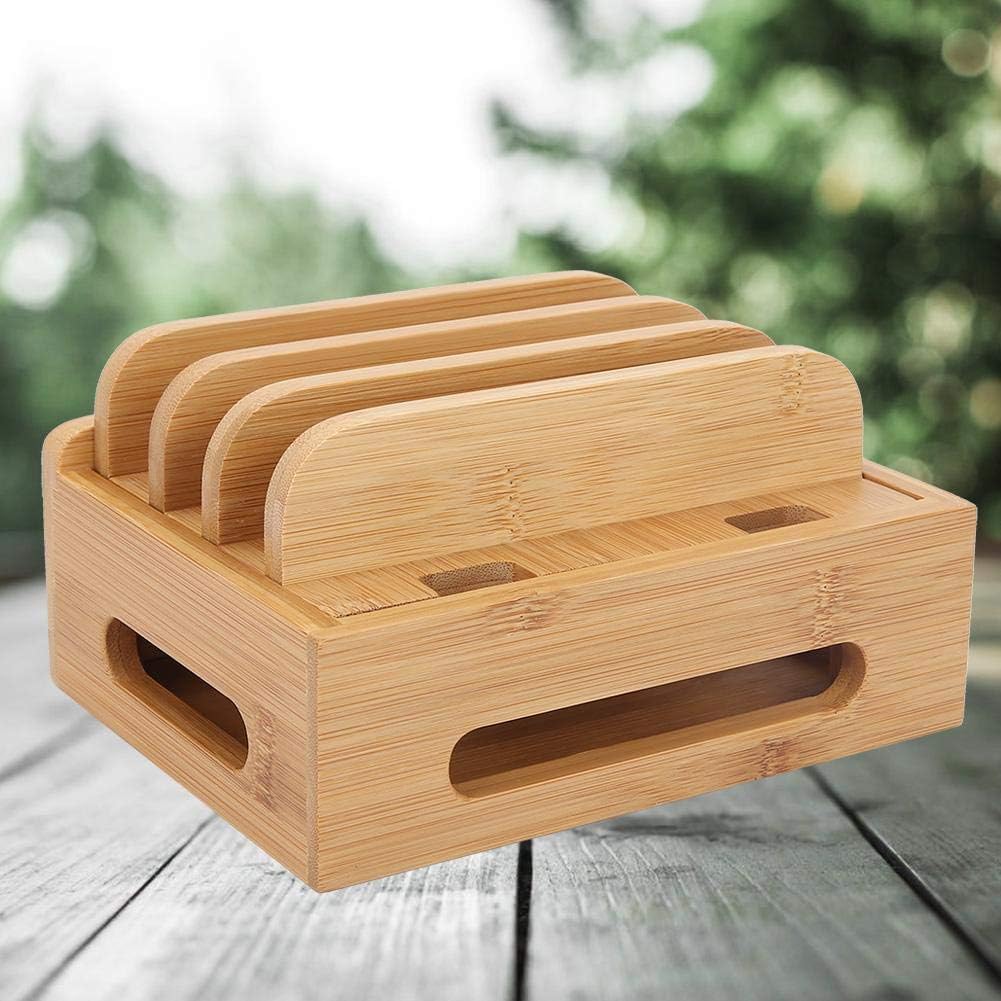 Oumefar Bamboo Multi-Device Stand Holder Charging Station Phone Tablet Charger Organizer 4 in 1 Charging Station for Multiple Devices for Meeting Rooms Restaurants Hotels and Homes