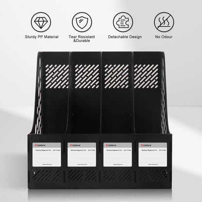Comix Magazine File Holder Rack/Vertical Desktop File Organizer - Plastic Desk Organizer for Files, Folders, Books - 4 Compartment Binder Organizer - Black