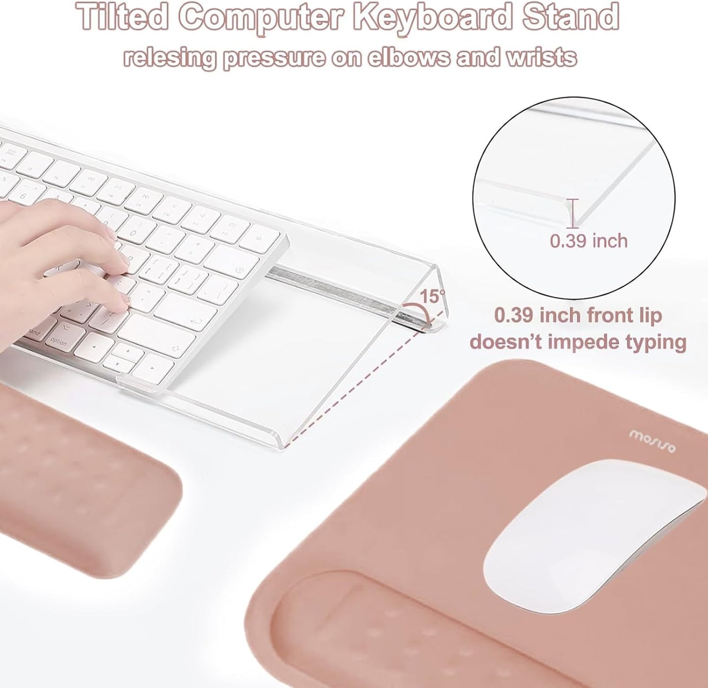 MOSISO Computer Keyboard Stand&Wrist Rest Support for Keyboard &Mouse Pad Set, Ergonomic Massage Wrist Rest Set, Easy Typing Working Acrylic Clear Stand for Office Home, Apricot