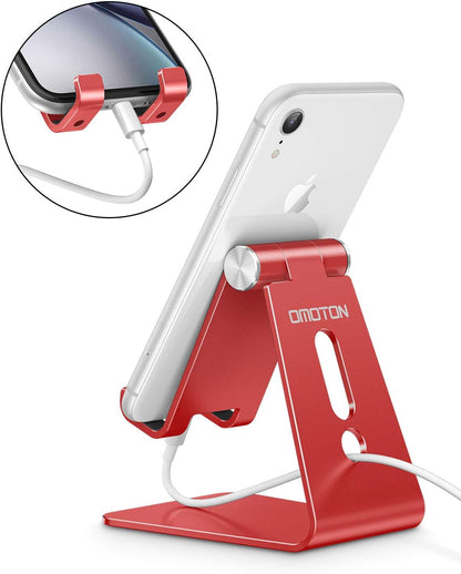 Adjustable Cell Phone Stand, OMOTON Aluminum Desktop Cellphone Stand with Anti-Slip Base and Convenient Charging Port, Fits All Smart Phones, Silver