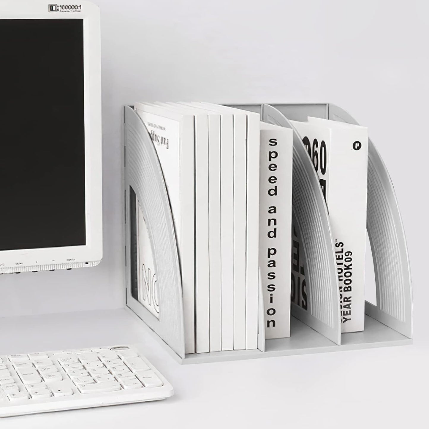 SAYEEC Magazine Holder Sturdy Binder Holder Desk File Sorter Plastic File Folder Organizer Stand Book Shelf Dividers Vertical Storage Rack Desktop Bookshelf Display Box for Office School Home (Black)