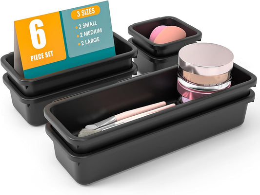 StoreHappily 10 PCS Drawer Organizer Set, 4 Size Makeup Drawer Divider Organizer With Non-Slip Pads, Interlocking Plastic Storage Bins for Office,Jewelry Vanity,Gadgets, Bathroom,Kitchen, Black