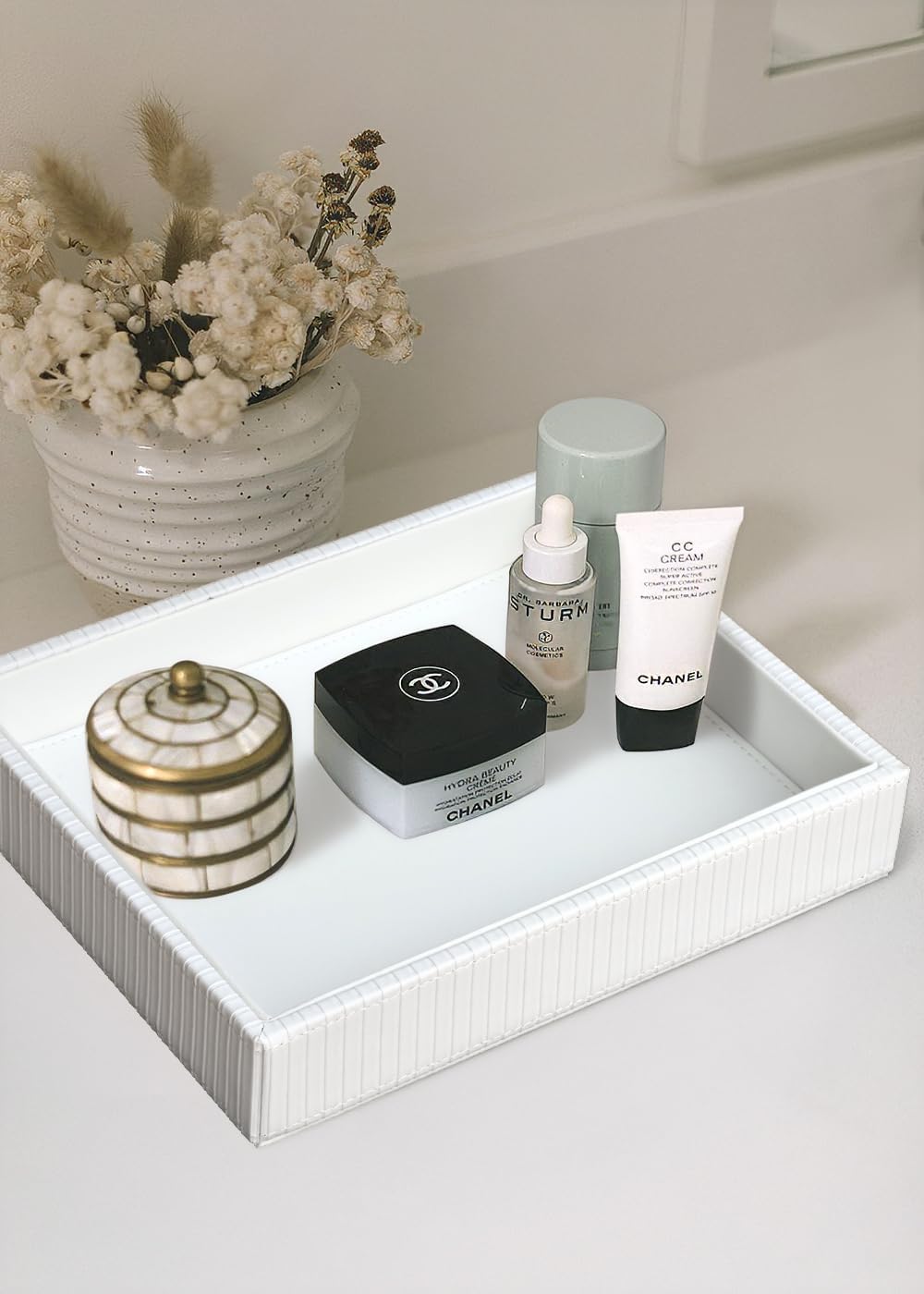 HofferRuffer Faux Leather Vanity Tray, Elegant Desktop Storage Organizer, Decorative Catchall for Perfume, Bathroom Valet, Nightstand or Dresser, Black, 10.2 x 8.4 x 1.8 Inches
