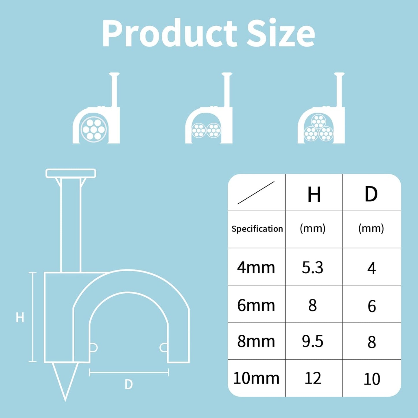 Abnii Cable Clips, 400 Pcs, 4mm 6mm 8mm 10mm, Wire Wall Clips with Steel Nails, Ethernet Cable Clips, Cable Tacks Coax Cable Clips, RG6 RG59 CAT6 RJ45 Cable Cord Clips, White…