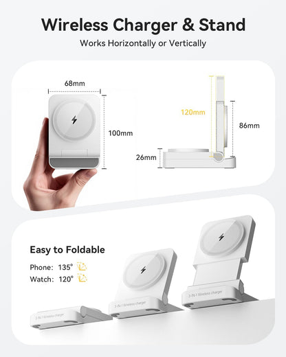 3-in-1 Foldable & Retractable Magnetic Wireless Charger, 15W Fast Charging Station, Portable Fast Charging Stand, Charging for iPhone 17/16/15/14/13/12, Apple Watch, AirPods (Black)