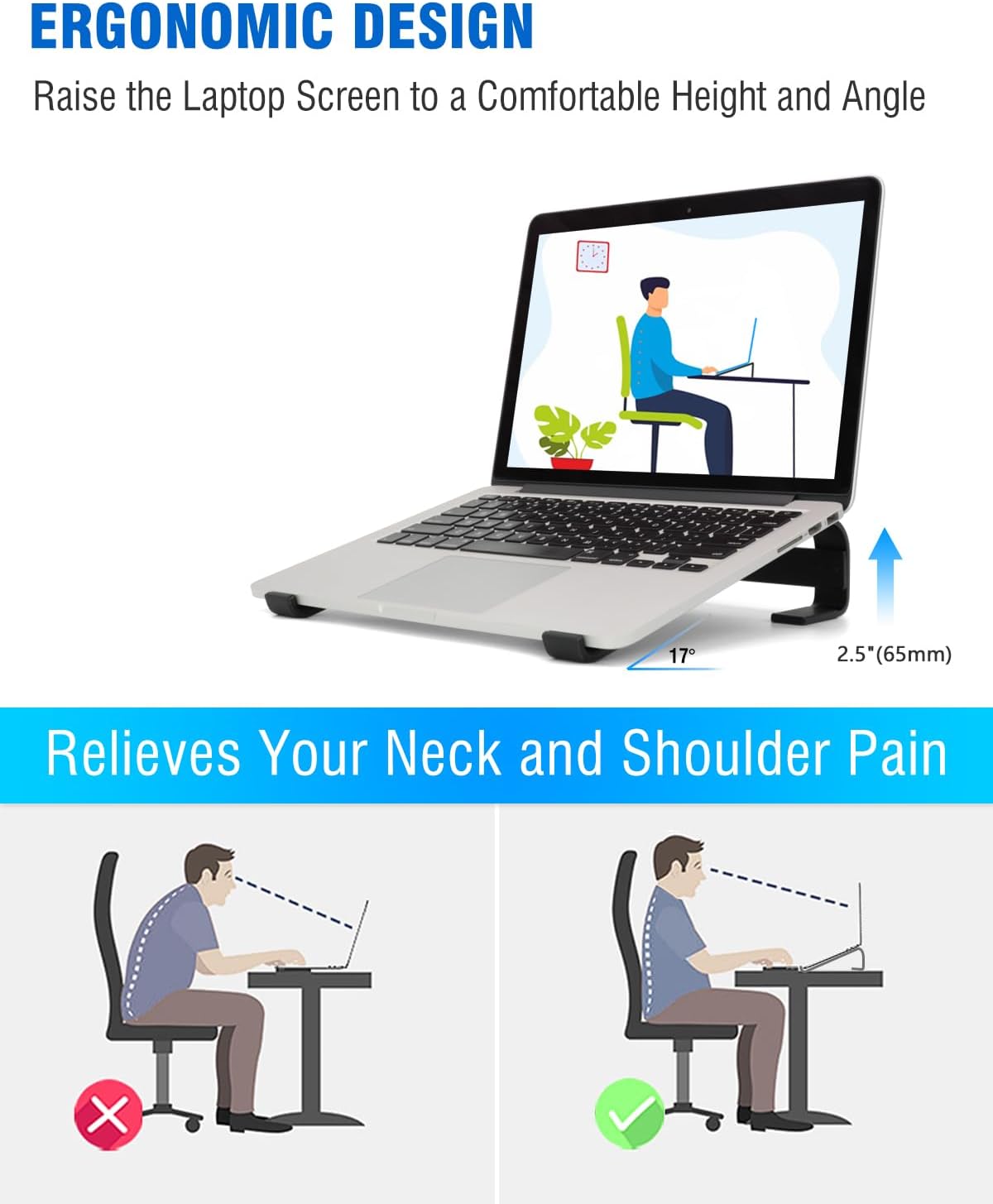 Ventilated Laptop Stand for Desk, Ergonomic Aluminum Laptop Riser, Computer Stand for Laptop, Compatible with MacBook Air Pro, Dell, HP, More 11-17.3 Inches Notebook, Work from Home (Black)