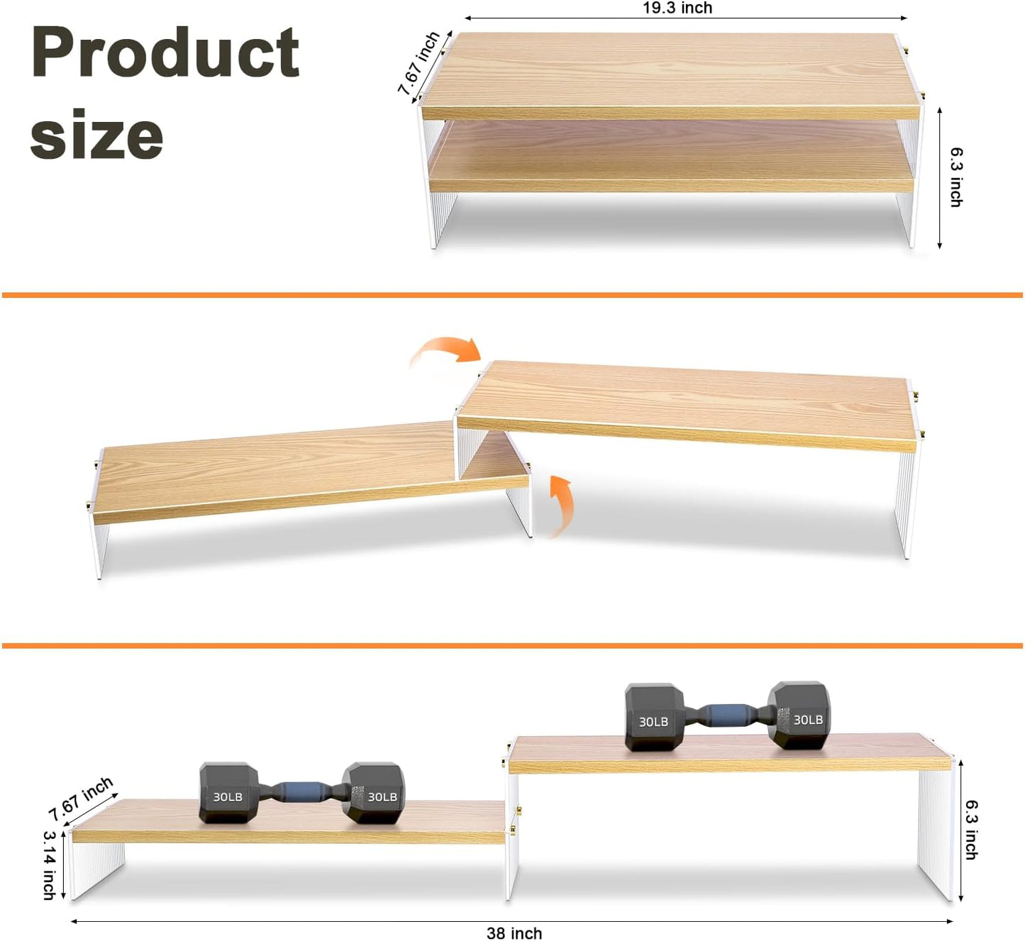 YGYQZ Adjustable Monitor Stand Riser with Acrylic Legs丨7.67" Wide Dual Monitor Stand for Desk丨2-Tier Wood Desktop Organizer for Computer, Laptop, Printer & PC丨Modern Aesthetic Desk Shelf(wood-flat)
