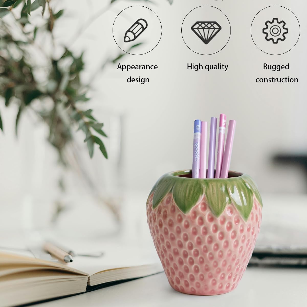 Strawberry Pencil Holder, Cute Pen Holder for Desk, Ceramic Pen Holder, Stand Makeup Brush Holder, for School, Home, Office Desk Decor(Pink)