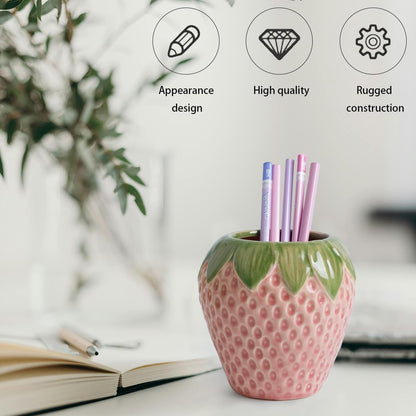 Strawberry Pencil Holder, Cute Pen Holder for Desk, Ceramic Pen Holder, Stand Makeup Brush Holder, for School, Home, Office Desk Decor(Pink)