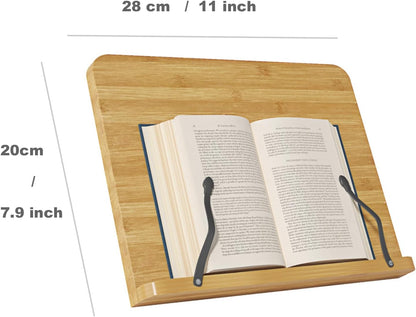 Recipe Book Holder,Cookbook Stand Wood Cookbook Holder for Kitchen, Adjustable Angle and Page Paper Clips,Magazine Holder for Desk, Laptop Stand, Tabletop Easel (Wood, S(11'' x 7.9''))