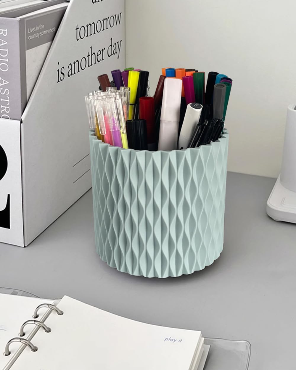 Lebenrich Rotating Pen Holder for Desk, 5 Slots Unique White Desk Organizer Easthetic Desktop Supplies and Accessories for Women Girls, Pencil Cup Caddy for Office Home Art Supply