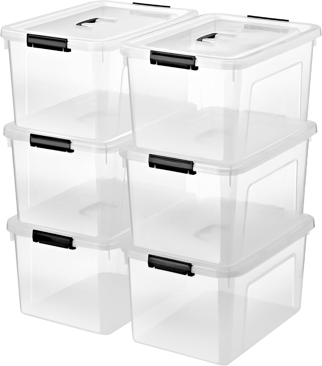 Stackable Plastic Black Storage Bins with Lids 6 Pack, 12 Quart Modular Organizer Boxes with Secure Latches for Closet, Pantry, Office and Small Item Storage