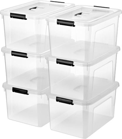 Stackable Plastic Black Storage Bins with Lids 6 Pack, 12 Quart Modular Organizer Boxes with Secure Latches for Closet, Pantry, Office and Small Item Storage