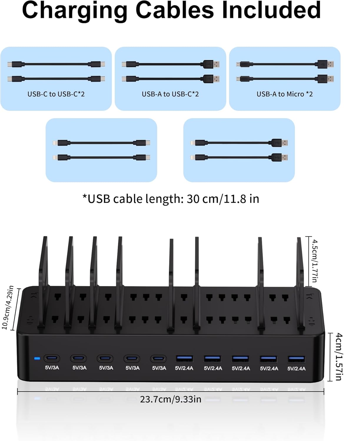 100W Charging Station for Multiple Devices, 10-Port USB Fast Charging Station with Adjustable Dividers & 10 Cables- Multi Device Organizer Charging Dock for iPhone, iPad, Tablets & More(White)