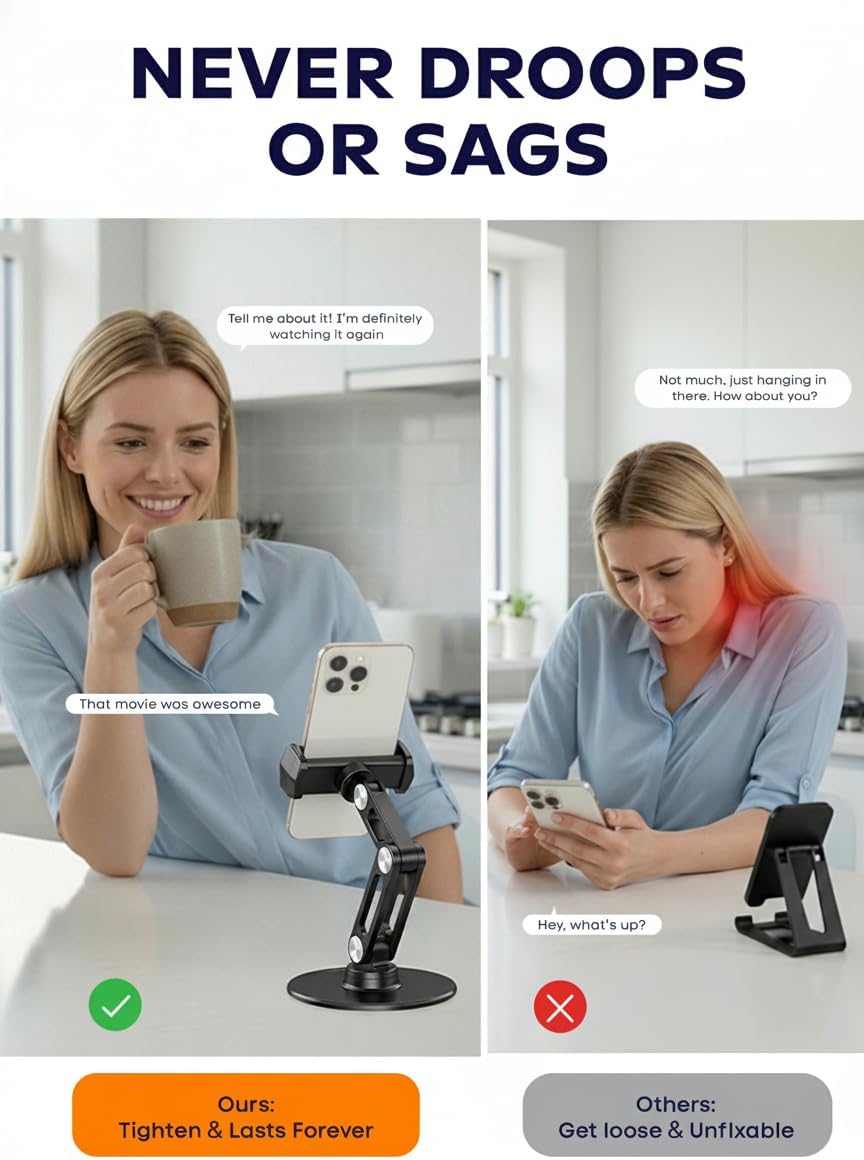 Phone Stand for Desk - Adjustable Height and Angle Foldable Cell Phone Stand Holder, No Dropping Stable Triple-Clamp Holder, Adjustable Tightness, Compatible with iPhone Android Phones, White