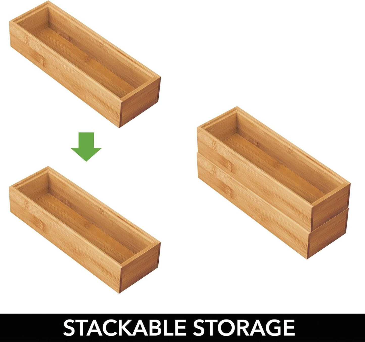mDesign Slim Wooden Bamboo Drawer Organizer for Office - 12" Long Stackable Storage Box Tray for Desk Drawers/Cabinet - Junk Drawer and Accessories Organization - Echo Collection, 2 Pack, Natural Wood