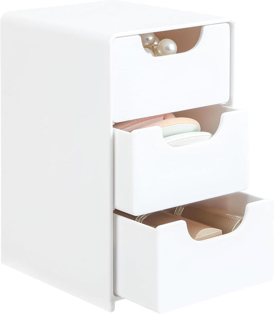 Mini White Plastic 3-Drawer Organizer for Girls’ Hair Accessories, Jewelry & Makeup – Small Storage Box for Clips, Scrunchies, Desk & Bathroom Essentials