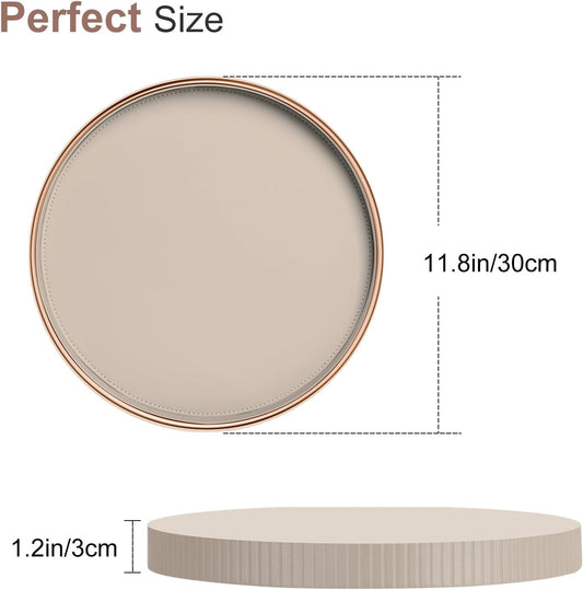 KINGFOM Round Decorative Tray for Coffee Table, PU Leather Valet Nightstand Desk Organizer for Men Women, Golden Trim Tray for Home Decor Living Room Dining Table, Perfume Trays Organizer Black
