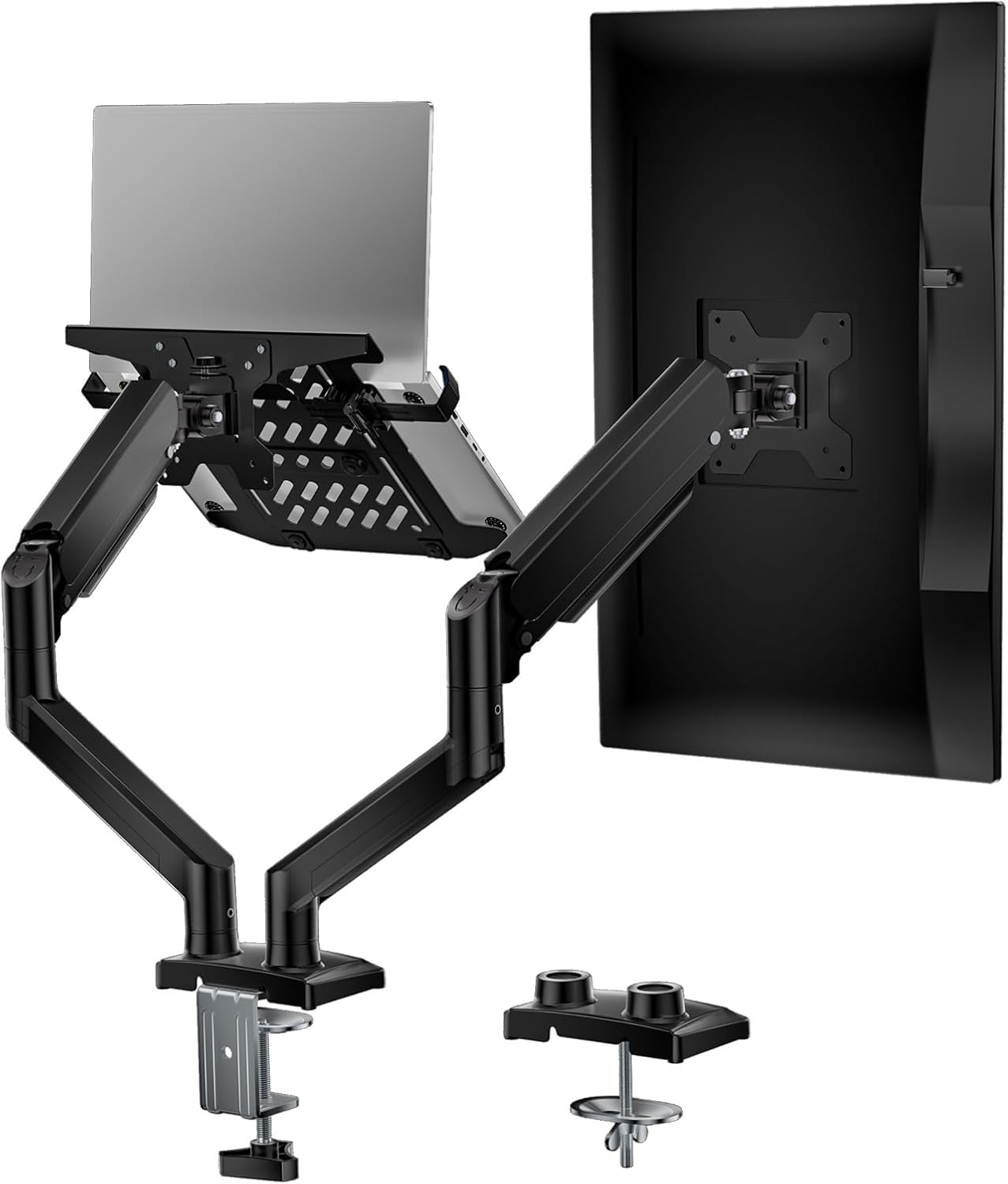 WALI Laptop Desk Mount, Single Monitor Arm with Laptop Holder, Adjustable Height Laptop Arm Mount for Desk, Fits 17” Notebook and 34” Monitors, Up to 22-26.4Lbs (GSMP001LPN), Black