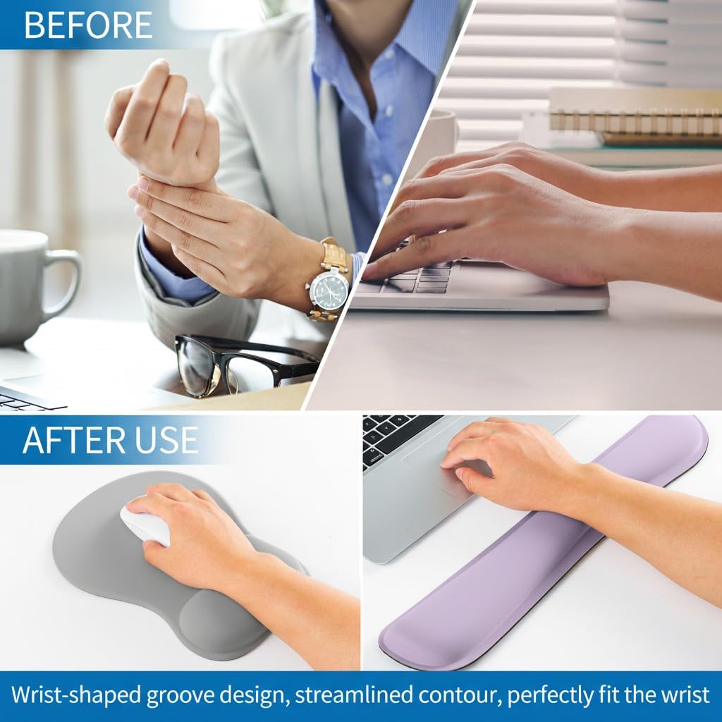 RICHEN Wrist Rest Support for Mouse Pad&Keyboard Set with Coaster,Concave Curved Memory Foam, Non-Slip Base Pain Relief Comfortable Easy Typing Pad for Home/Office (Lavender Purple)