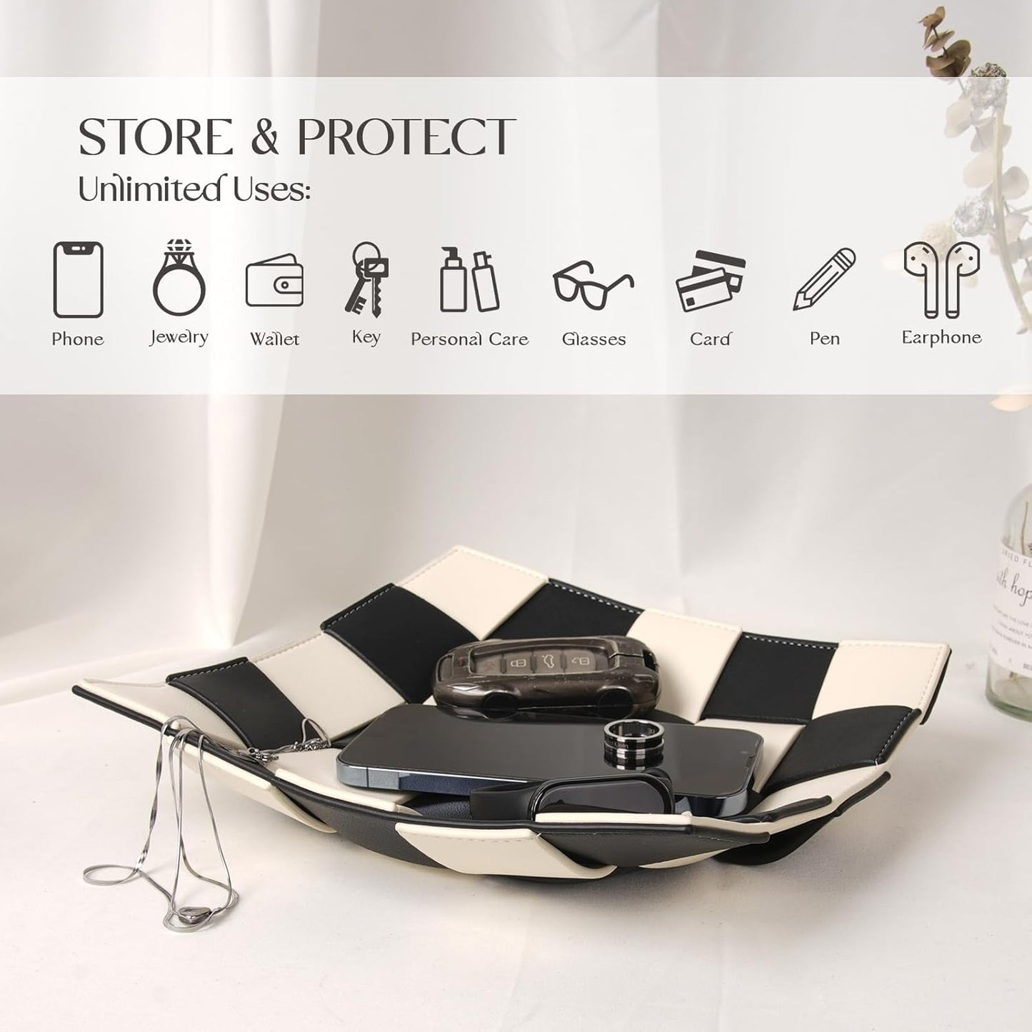Valet Tray for Men Leather Key Tray for Entryway Table Bedside Nightstand, Desktop Organizer Catch-All for Wallet, Watch, Remote, Keys, Cell Phones, Checkerboard