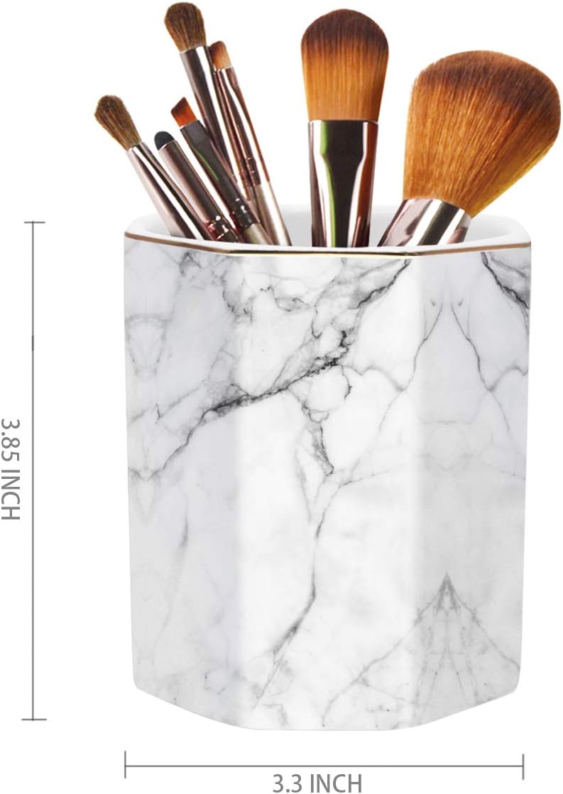 WAVEYU Ceramic Pen Holder for Desk Cute, Pencil Cup Pot Desk Organizer, Makeup Brush Holder for Women, Men, Kids, Desk Marble Decor for Office, Classroom, Home, Gray Golden