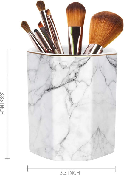 WAVEYU Ceramic Pen Holder for Desk Cute, Pencil Cup Pot Desk Organizer, Makeup Brush Holder for Women, Men, Kids, Desk Marble Decor for Office, Classroom, Home, Gray Golden
