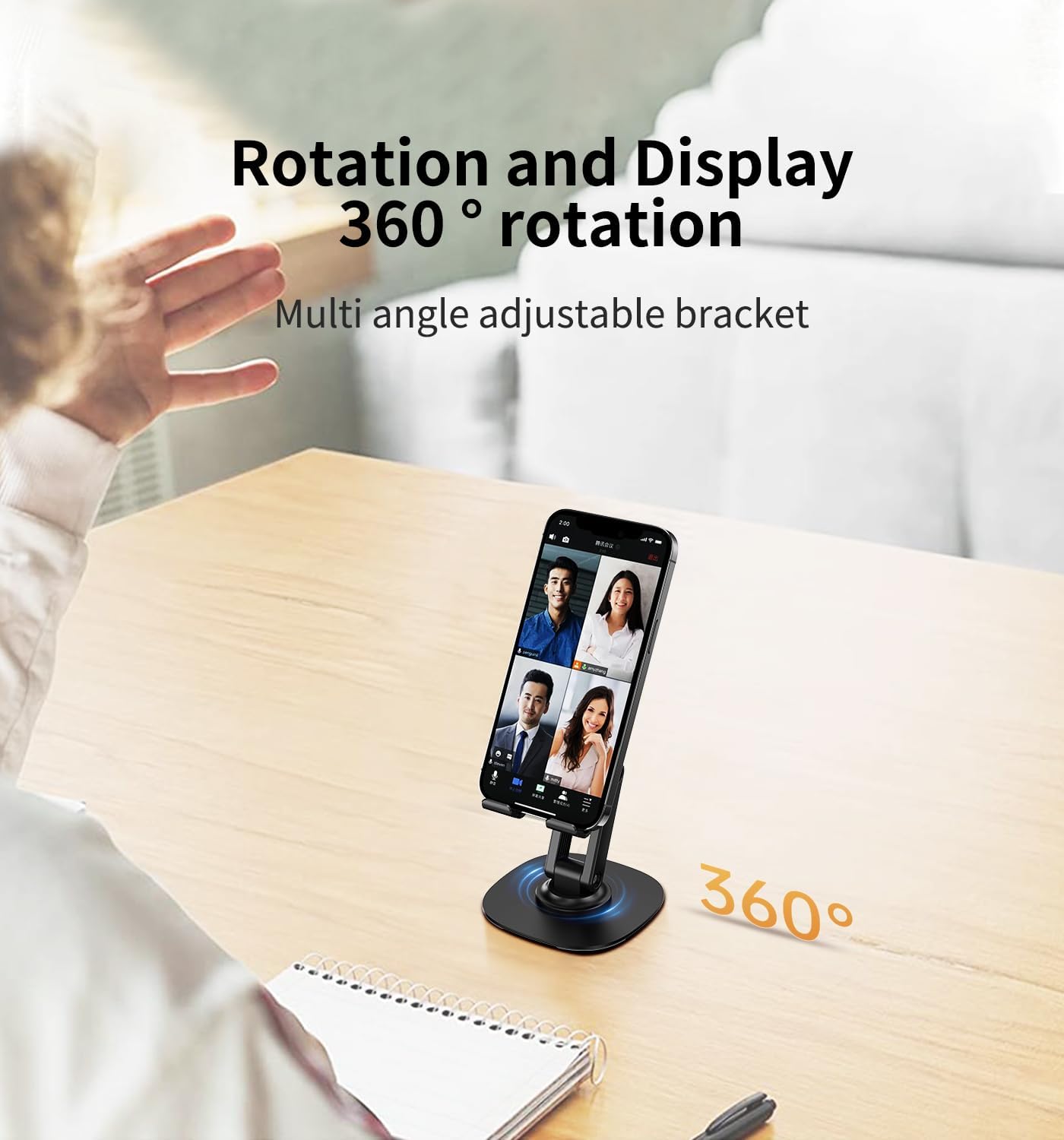 360° Rotating Cell Phone Stand for Desk, Adjustable & Foldable Phone Holder, Aluminum Desktop Phone Stand with Anti-Slip Base, Compatible with iPhone, iPad, Android Phones, K69-Black