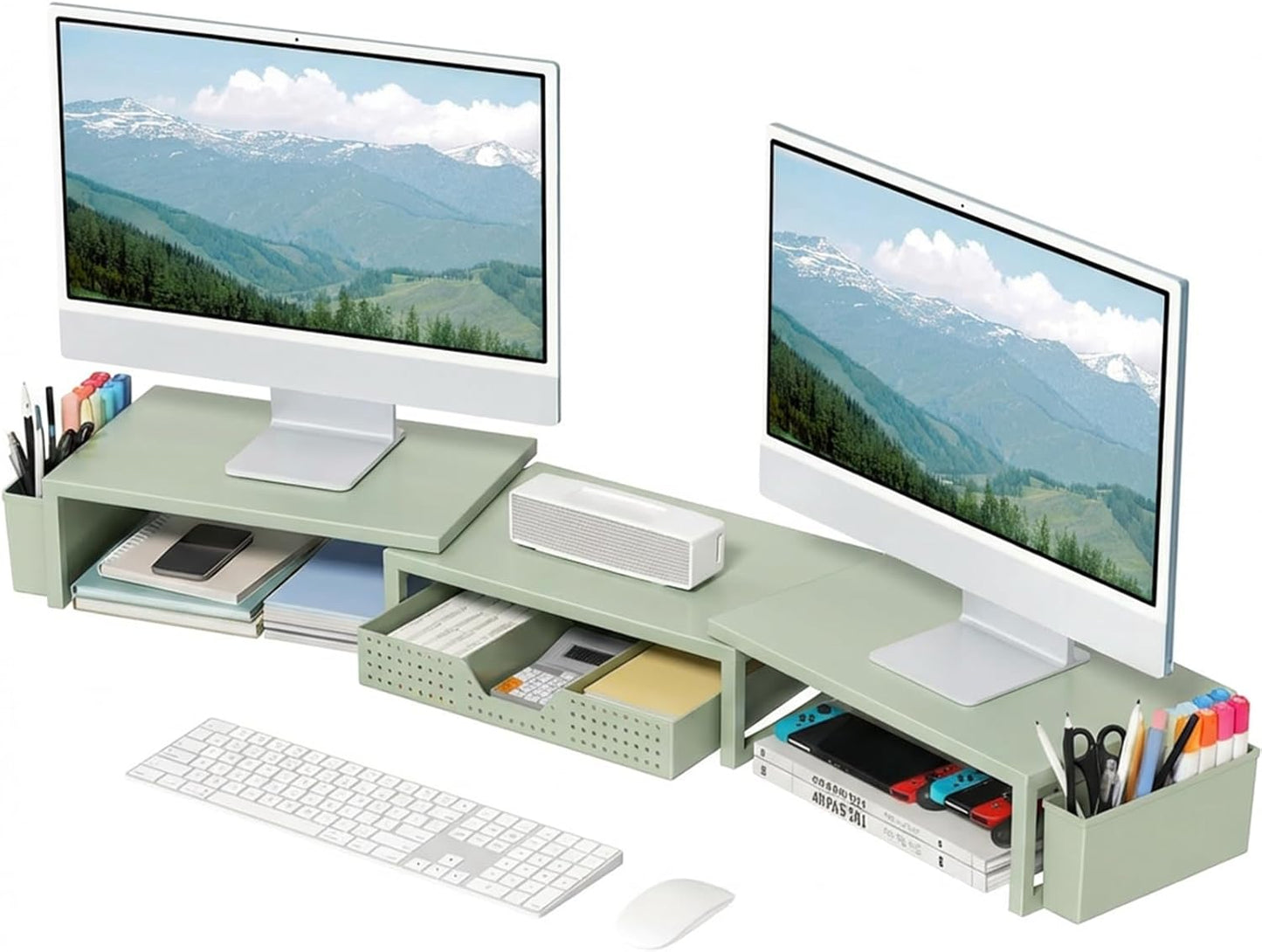 OPNICE Clear Acrylic Desk Organizers and Accessories, Dual Monitor Stand Riser with Drawer, Desk Shelf Computer Racks for Office Workspace Organizers, Desktop Organization (Transparent)