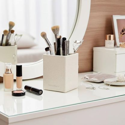 UnionBasic Square Pen Holder, Leather Pencil Cup, Desktop Caddy Stationery Organizer, Beige
