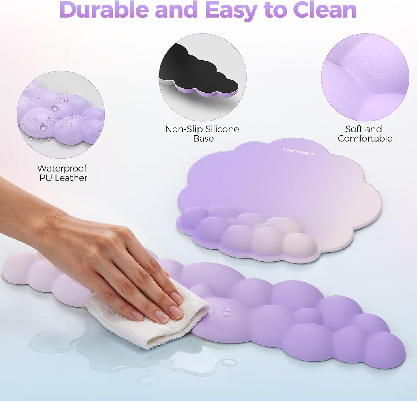 TECKNET Cloud Mouse Pad with Wrist Rest, Ergonomic Cloud Wrist Rest with Non-Slip Base, PU Leather Memory Foam Mouse Pad Wrist Support for Keyboard and Mouse, Pain Relief for Typing, Gaming, White