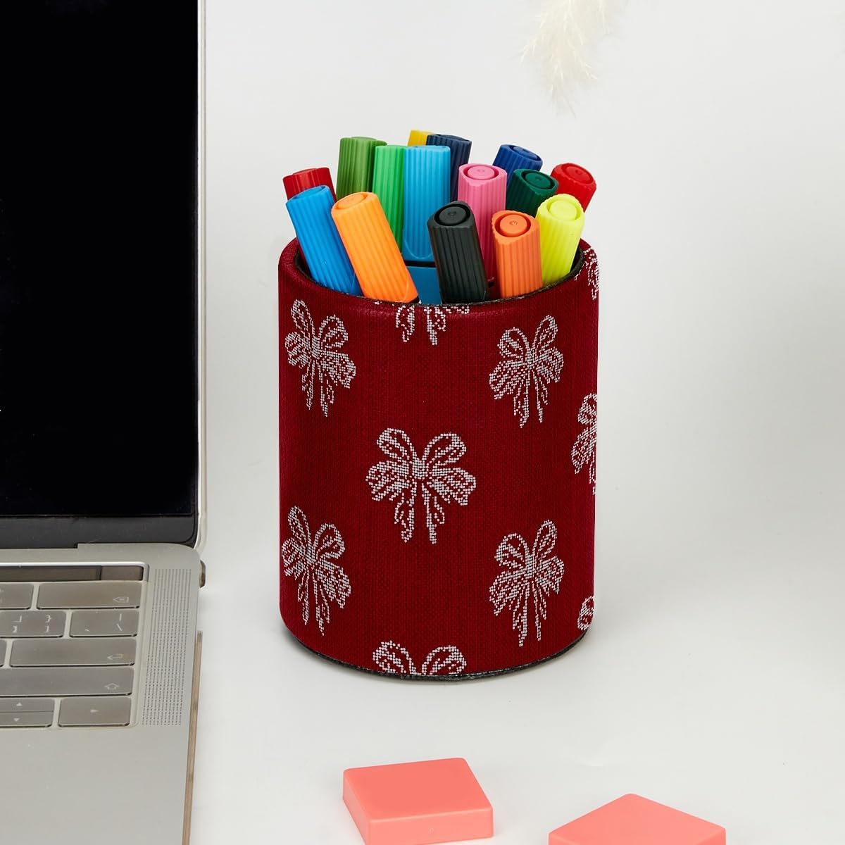 Leather Pen Holder for Desk, Love Cherry Pencil Organizer Pencil Cup Desk Decor Makeup Brush Holder Multifunctional Office Supplies for Home,Office, School