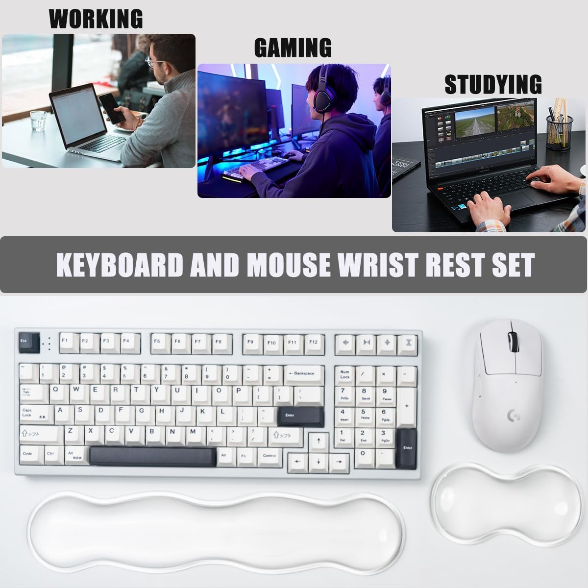 Ergonomic Gel Keyboard and Mouse Wrist Rest Set – Clear Wrist Rest for Computer Keyboard 60%/68%/75%, Comfort & Support for Typing and Gaming (Grey Purple)