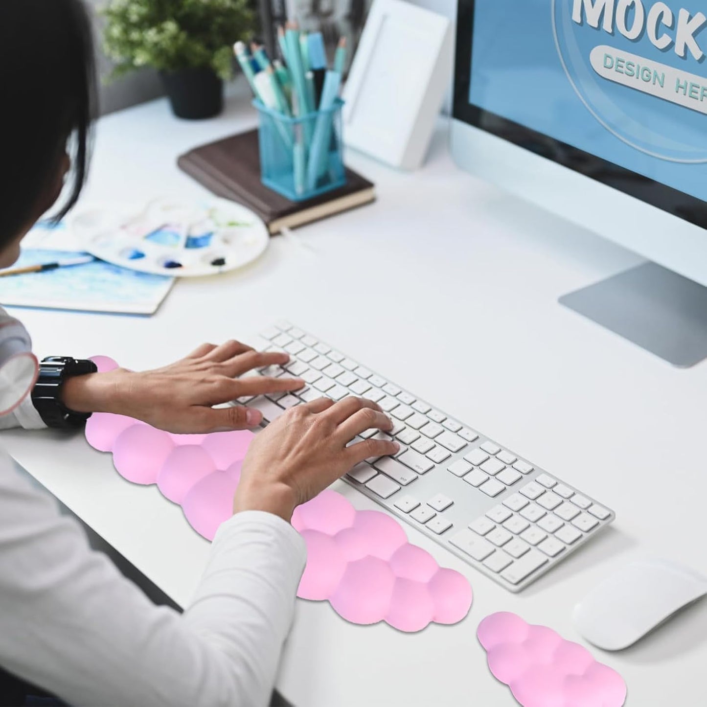 Ergonomic Keyboard Wrist Rest, PU Leather Memory Foam Cloud Wrist Rest for Computer Keyboard, Mouse Wrist Rest and Keyboard Pad for Gaming, Office, Computer, Laptop, Typing Pain Relief, Pastel Pink
