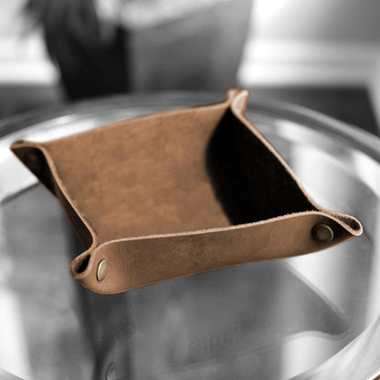 Genuine Leather Valet Tray | Desk Organizer | Catchall Tray | Full Grain Leather. Dimensions 6 x 6 x 1.75”. Made in The USA