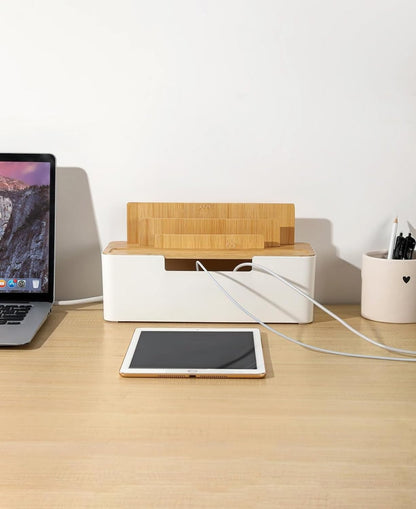 Cable Management Box with Wooden Lid, Multi-Device Organizer for Phones/Tablets/Smartwatches, Desktop Cord Organizer for Tidy Workspace (Black)