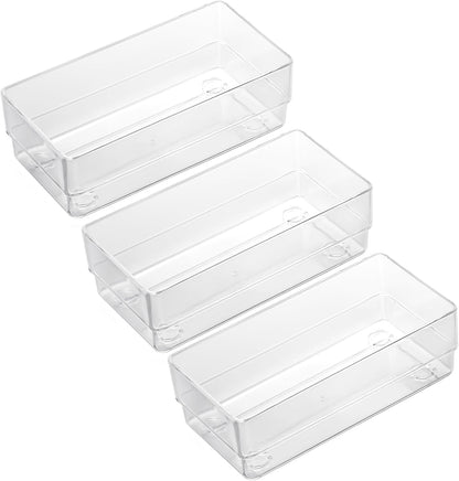 LotFancy Clear Drawer Organizers, 12” x 3” x 2”, Set of 3, Drawer Organizer Trays for Desk, Plastic Storage Bins for Bathroom, Makeup, Utensils, Stackable