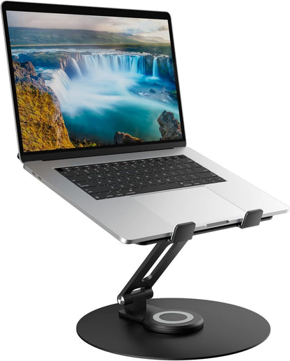Swivel Laptop Stand for Desk, Adjustable Height Aluminum Computer Stand with 360 Rotating Base, Foldable Ergonomic Riser, Portable Laptop Holder Compatible with MacBook, All Laptops 10-17'', Grey