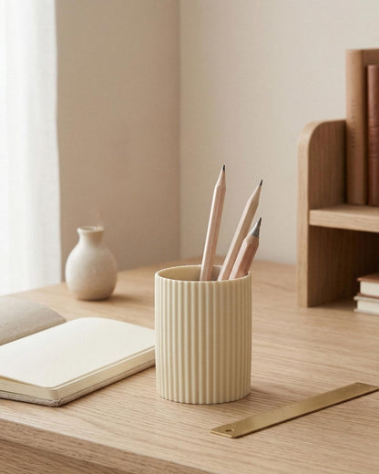 Ceramic Pen Holder for Desk, Ribbed Makeup Brush Organizer, Aesthetic Pencil Cup, Minimalist Desk Organizer, Office, Vanity, Aesthetic Desk Accessories